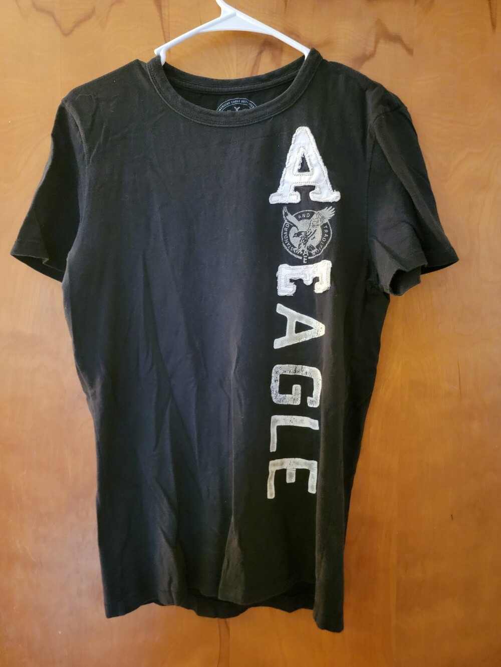 American Eagle Navy Tee with White Vertical 'A EAGLE' Graphic